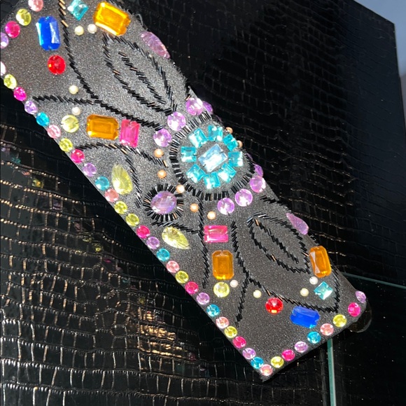 💎 Multi-Color Gemstone & Artisan Beaded Black Satin Evening Clutch 💎 - Picture 11 of 13